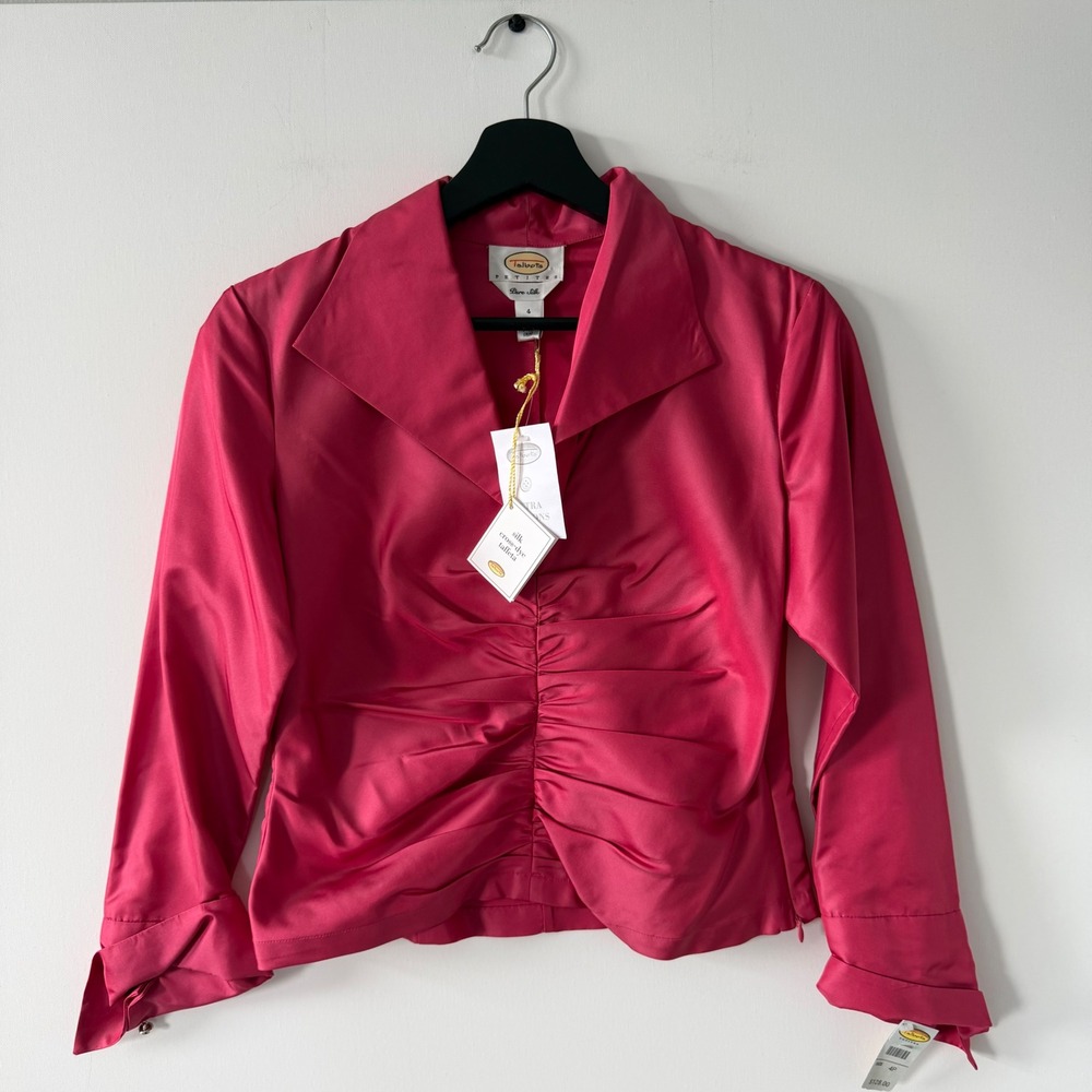 Talbots Petites NWT Pink Silk Taffeta Ruched Blouse Rhinestone Cuffs 4P